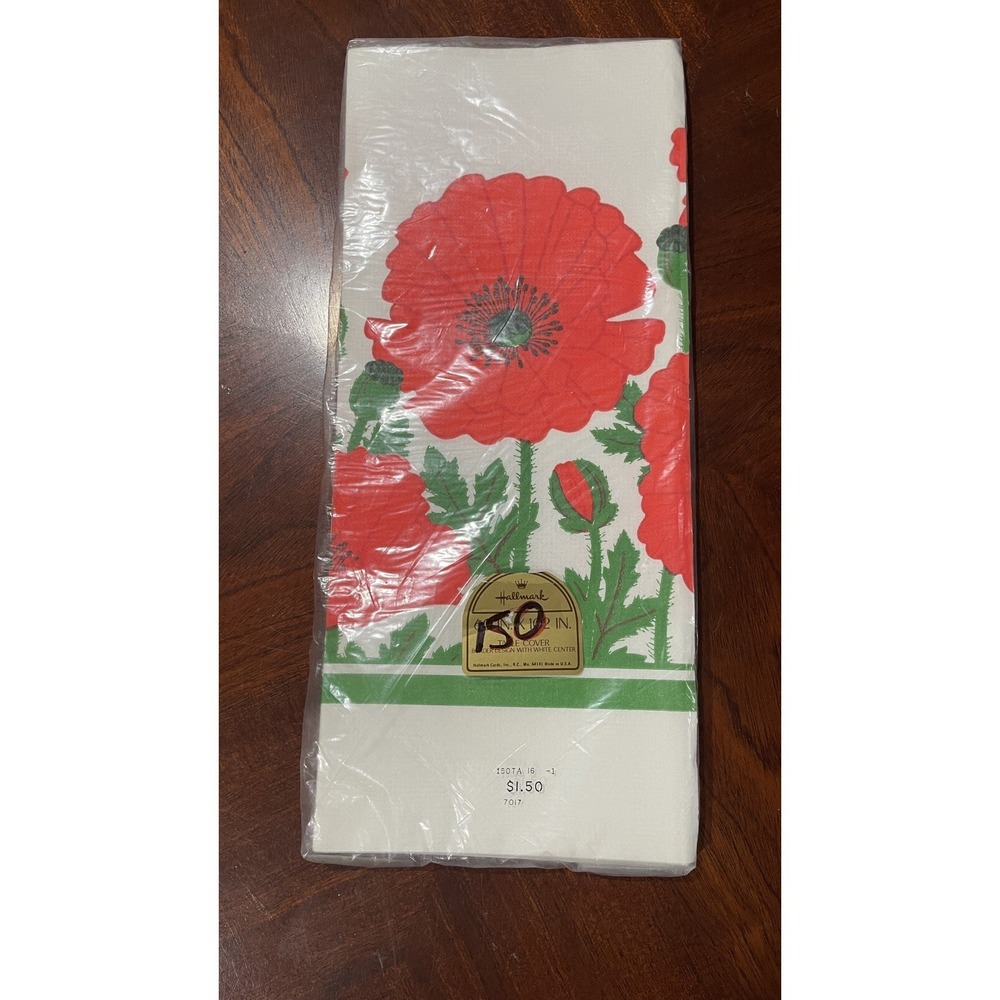 Vintage Hallmark Poppy Floral Paper Table Cover 60"x 102"Red Flowers NOS USA